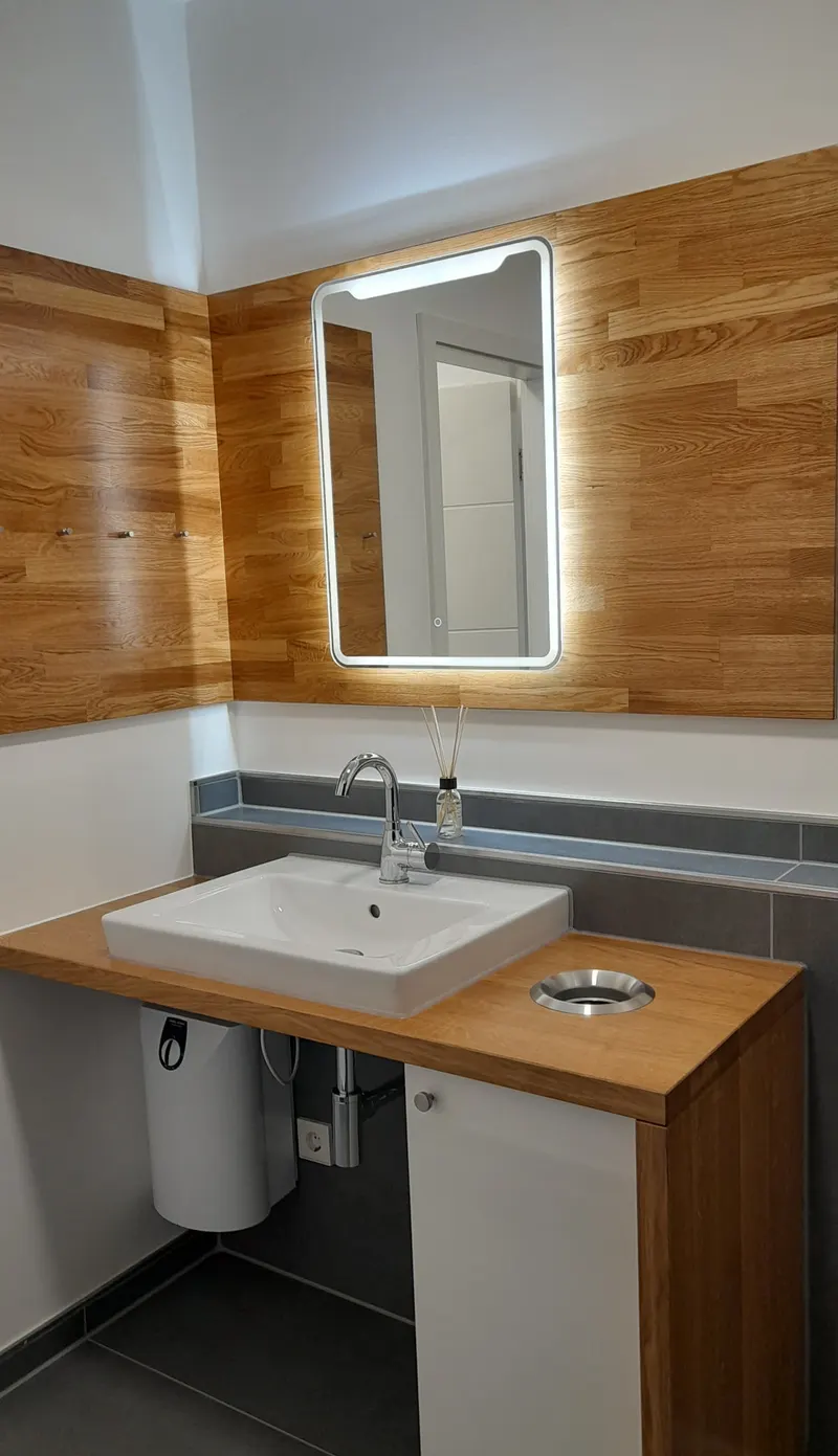 Badezimmer mit Holzverkleidung, Waschtisch und beleuchtetem Spiegel in Mönchengladbach