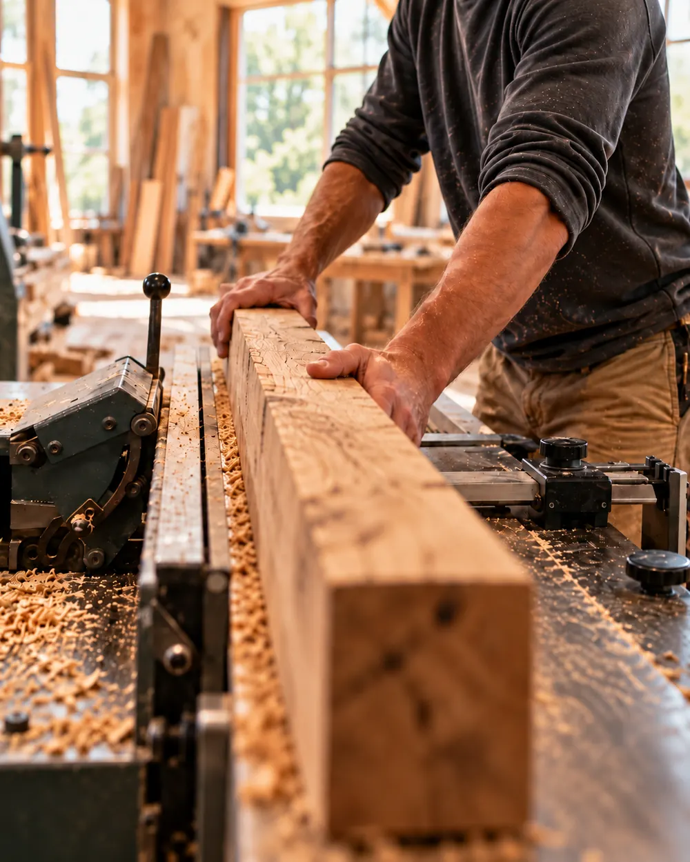 Holzbalken in der Hobelmaschine, Holzbearbeitung durch Da Cunha in Mönchengladbach